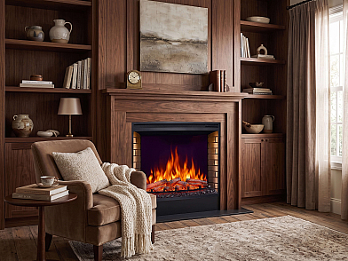 Електрокамін ArtiFlame AF33 – вигнуте скло, ширина ≈ 85 см, з 3D-ефектом полум’я, LED-підсвічуванням і обігрівом