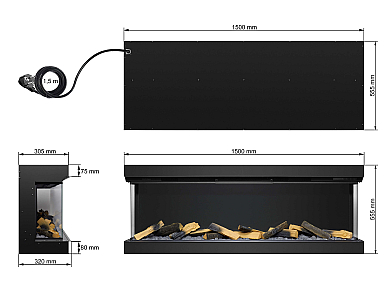 Електрокамін ArtiFlame AF60TS – тристоронній, 150 см, з 3D-ефектом полум’я, обігрівом і Wi-Fi